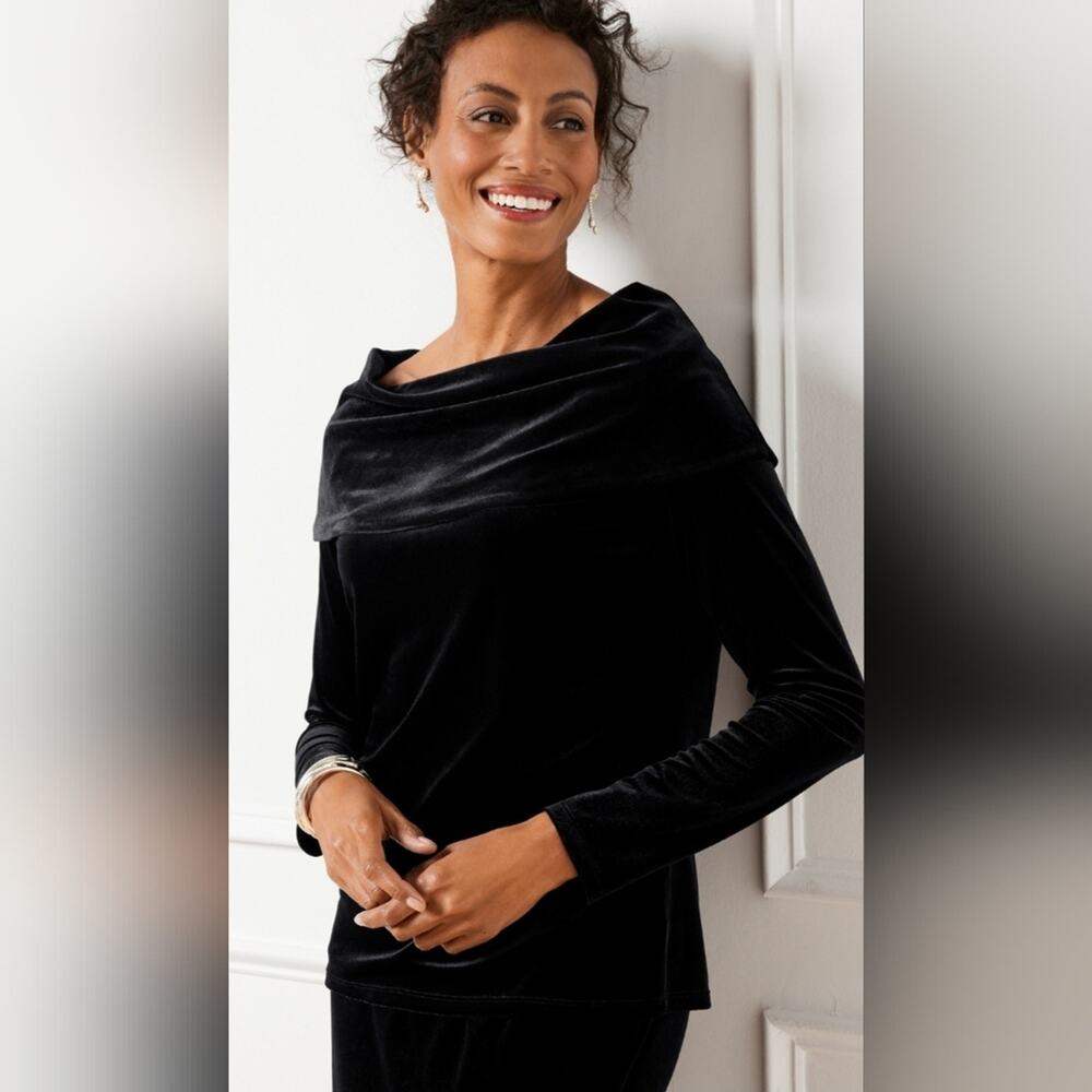 Talbots Black Stretch Velvet Off-Shoulder Blouse Sz. L #1977